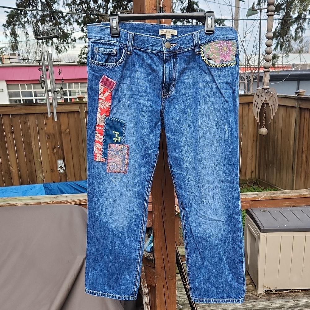 CAbi Blue Denim Straight-Leg Jeans with Floral Patchwork